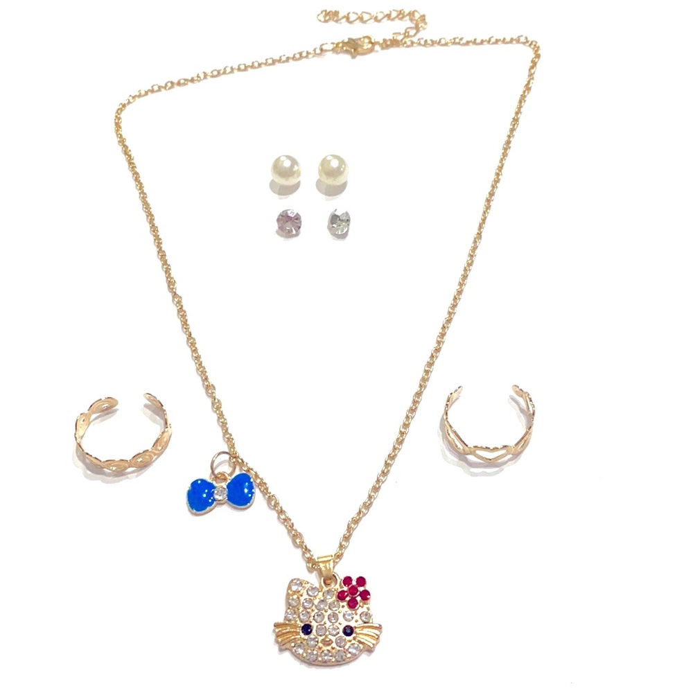 Hello Kitty Necklace Earrings Ring Jewelry Set Gold Tone Blue Bow